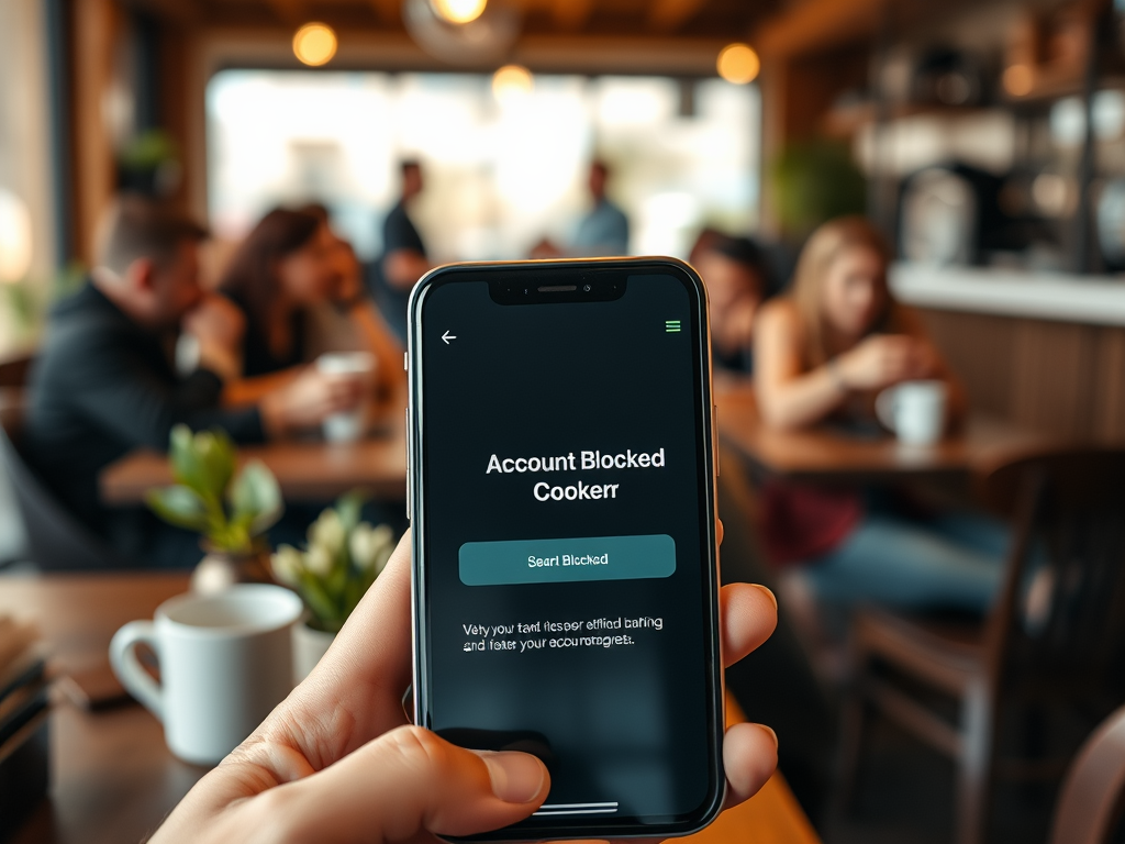 На экране смартфона сообщение о заблокированном аккаунте в кафе. Люди на заднем плане.
