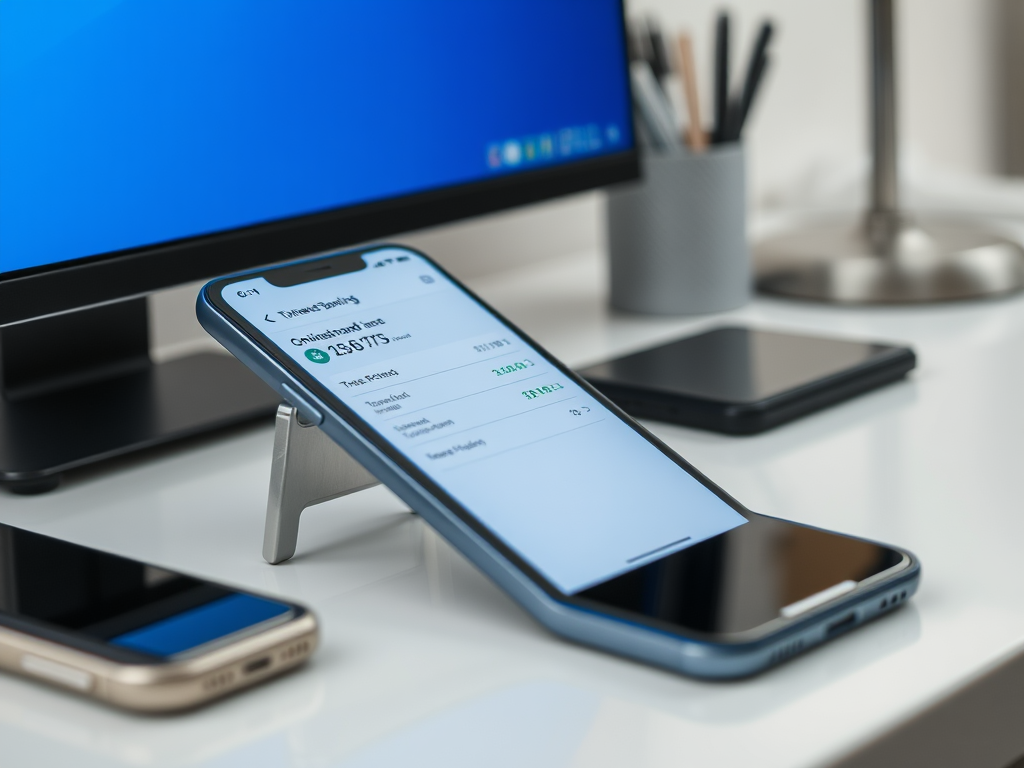 Смартфон на подставке показывает информацию о банковских операциях на столе рядом с компьютером.