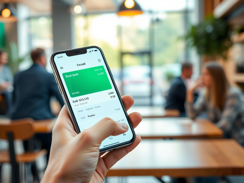 Смартфон в руке с открытым банковским приложением, на заднем плане люди общаются в кафе.