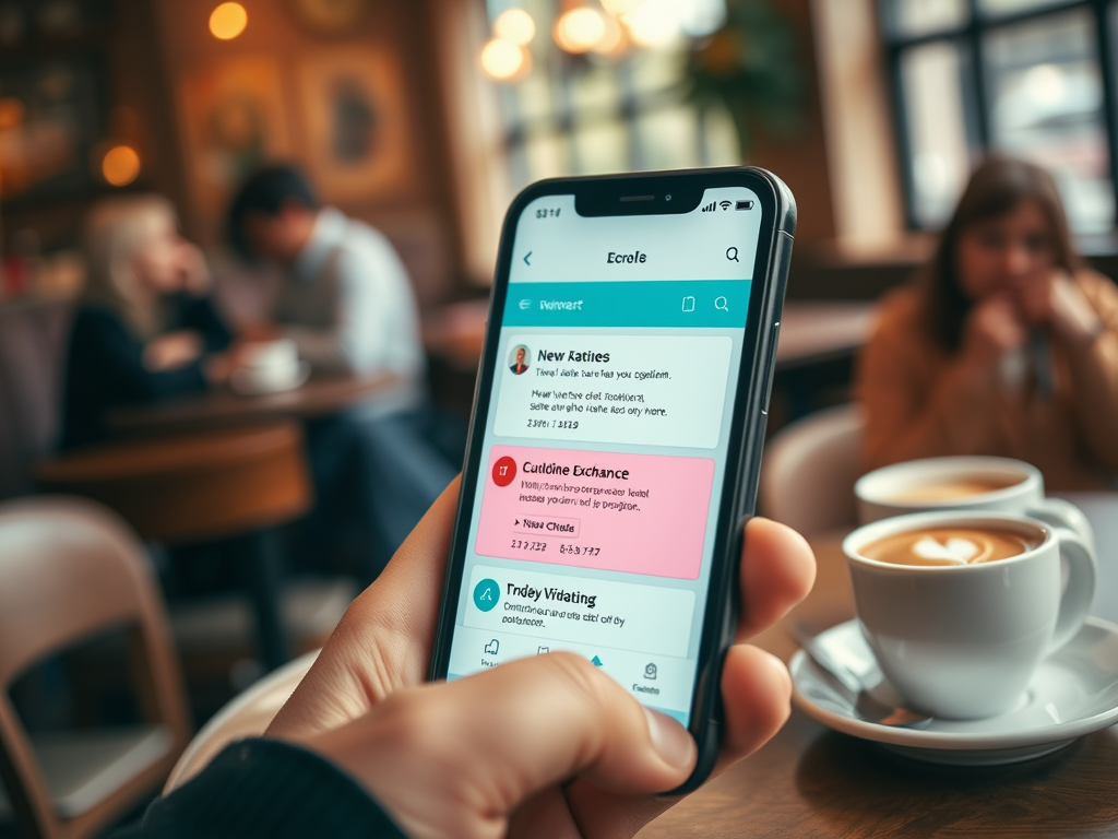 На изображении смартфон с приложением, в кафе, на фоне людей и чашки кофе. Экран показывает различные функции приложения.